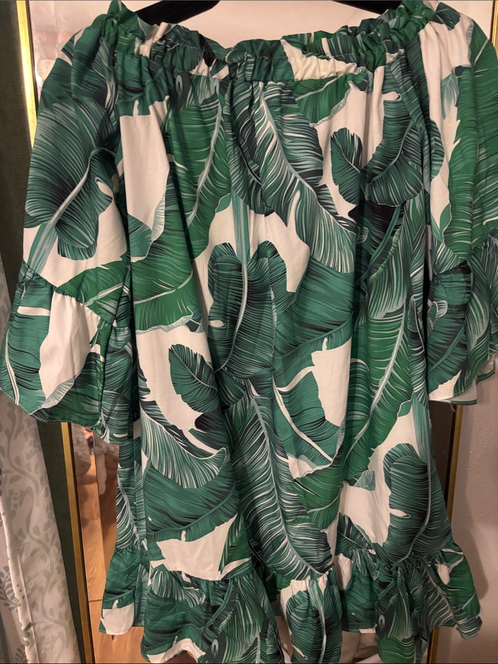 Green Tropical Leaf Off-Shoulder Dress